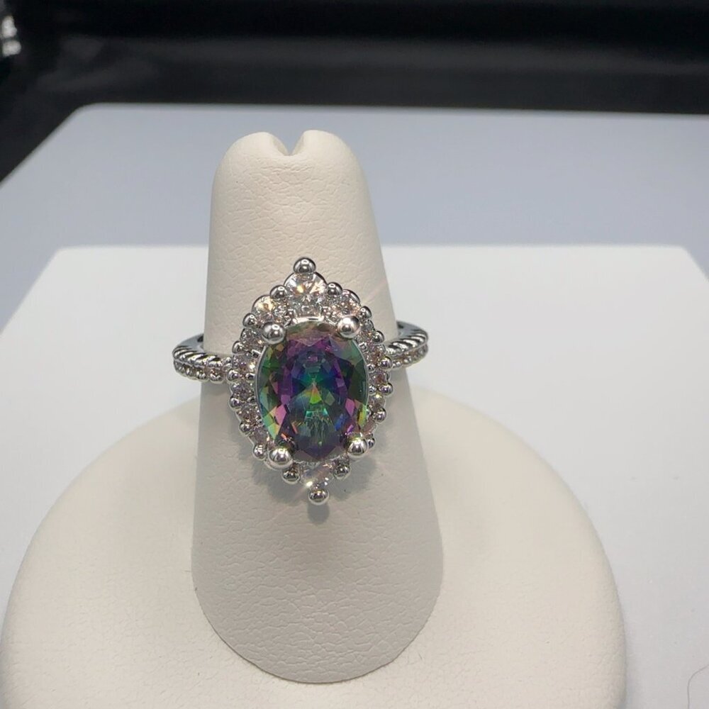 Rainbow Zircon Teardrop Halo Ring With Silvertone Band - Picture 3 of 7